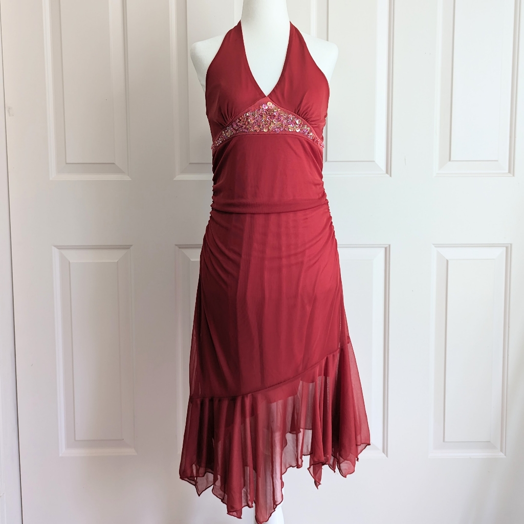 Vintage Y2k My Michelle Mesh Sequin Halter Mermaid Midi Dress